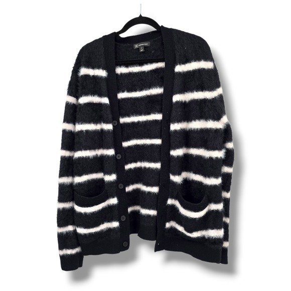 INC International Concepts Sweaters - INC International Concepts Women Black White Stripe Fuzzy Cardigan Sweater Med‎